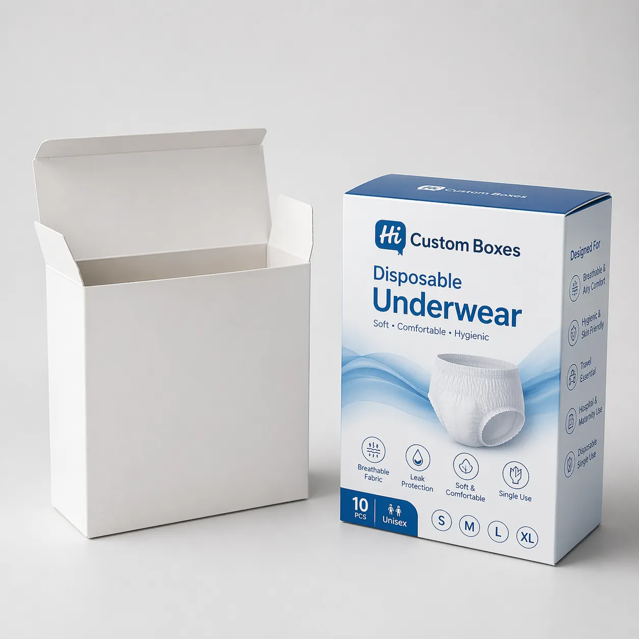 Two vertical retail boxes, one plain white and one featuring purple floral disposable underwear branding. class=